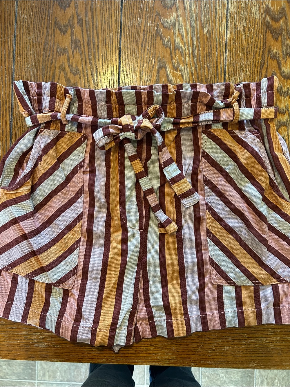 Anthropologie Striped Paperbag Waist Shorts in Maroon, Mustard & Cream